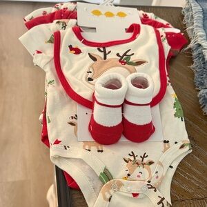 Holiday Reindeer Baby Bodysuit Set - Red & Cream